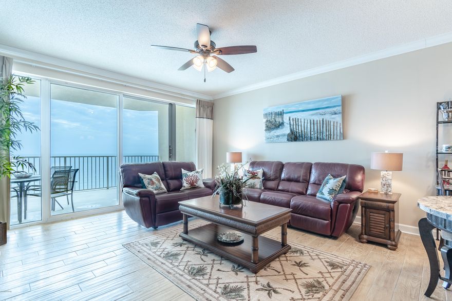 This 12th floor end unit is quite exceptional. It has 3 bedrooms w/bunk room. 1 Bedroom is a Lock-out that is self-sufficient including a kitchenette & private balcony. Upgrades to this condo include a completely remodeled kitchen and upgraded tile throughout the entire condo.  The entire condo is tastefully decorated with the current styles & colors--, Granite counter tops--high ceilings w/crown molding--garden tub w/separate shower in master bath-- Flat screen televisions; washer & dryer; a huge balcony for enjoying the spectacular views of the sugar white beach, emerald gulf, & brilliant sunsets.