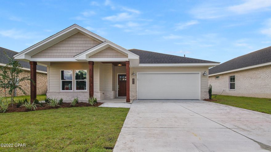 Beautiful new construction will be completed in August. Home features 3 bedrooms and 2 full bathrooms. 9' ceilings throughout home. Kitchen will feature a large center island, custom cabinetry, quartz countertops, beautiful backsplash, walk-in pantry, & upgraded stainless steel appliances. Crown molding in great room, dining room, and kitchen. Great Room features tray ceiling. Main Bedroom suite features a double vanity, garden tub with separate shower & spacious walk-in closet. Covered porch just off the Great Room makes this home perfect for entertaining! Vinyl plank waterproof flooring throughout. LED recessed lighting and upgraded fixtures. Gorgeous home you don't want to miss! Buyer at this stage can select the colors of many features of the home if under contract by 4/15/22. Don't miss out on the opportunity to help design your dream home from materials and colors available from builder!

Yard will be fully sodded with sprinkler system. Measurements are approximate, if important to buyer please verify measurements.