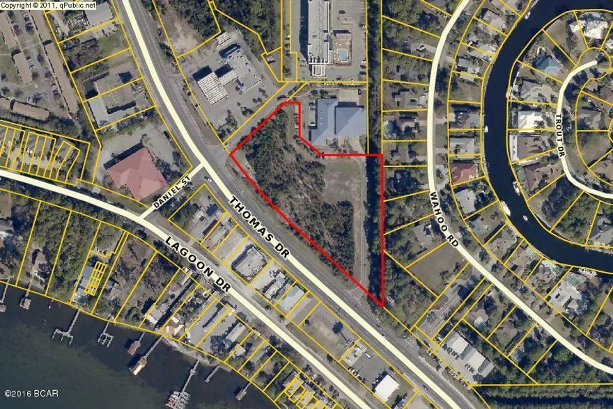 Approx. 670 ft. of frontage on high traffic Thomas Drive - 3.36 acre parcel zoned general commercial C-3. Flood zone X. Great location south of Magnolia Beach Road intersection just past Winn-Dixie and Publix shopping Centers, and Jasmine Thai Restaurant. In front of fire department and Hampton Inn. Close to Bay Point, and just north of back entrance into Bay Point. Located exactly between convenience store and private road leading to fire department. Excellent site in such close proximity to shopping and restaurants, Grand Lagoon Bridge, Capt. Anderson's and more. Bank foreclosure sale.