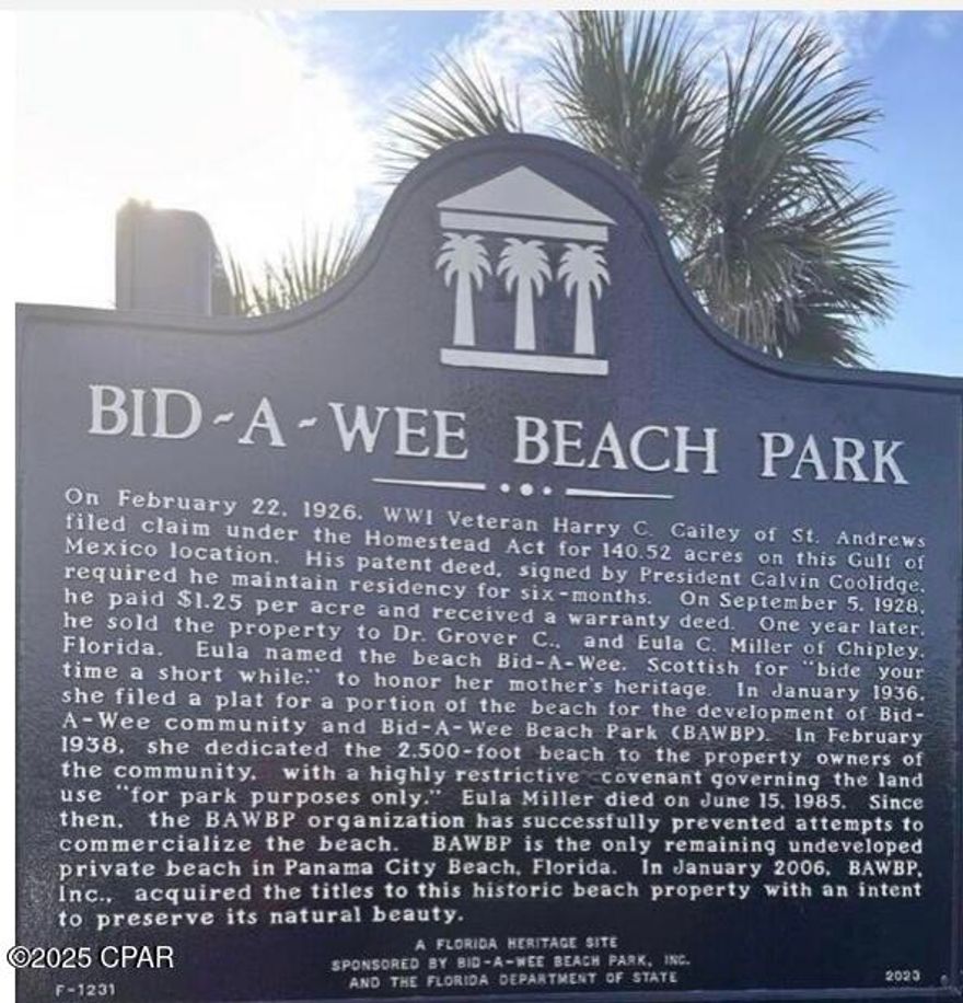 Price Improved - Seller Says 'Bring Your Offers!'
Build Your Dream Home at Exclusive Bid-A-Wee Beach!
Welcome to Bid-A-Wee Beach, the hidden gem of Panama City Beach, FL—where private, deeded beach access and coastal charm await you! Now is your chance to own a piece of paradise and bring your dream home to life in one of the area's most coveted beach communities.
Why You'll Love This Property
Exclusive Beach Access
Enjoy over 2,500 feet of gated, private beachfront—only available to Bid-A-Wee residents. Picture daily walks on sugar-white sand and evenings watching unforgettable sunsets over emerald waters.
Ready-to-Build Lot
The lot is fully cleared and comes with finished builder plans—saving you time and money. You're one step closer to moving in! 

Seller Financing Available!
Only 20% down 5.5% interest rate
Balloon payment in 36 months
Flexible terms make this beachfront opportunity more accessible than ever!
Utilities in Place
Connected to city water, sewer, and electric—your future build will be hassle-free and up to modern standards.
No HOA & Golf Cart Friendly
Live freely without HOA restrictions. Cruise the neighborhood in your golf cart and enjoy a relaxed, coastal lifestyle.

Next to Margaritaville
Be steps from fun, food, and entertainment! Living next to the vibrant Margaritaville community means walkable amenities and increasing property value.

The Dream Is Closer Than You Think
Whether you're building a vacation getaway or your forever home, Bid-A-Wee Beach offers a rare combination of exclusivity, convenience, and lifestyle value.
Don't wait—opportunities in Bid-A-Wee Beach don't last long!
Contact us today to schedule a visit and discuss seller financing options.
Bid-A-Wee Beach: Where Your Dream Becomes Reality
Your future home starts here. Come build it today.