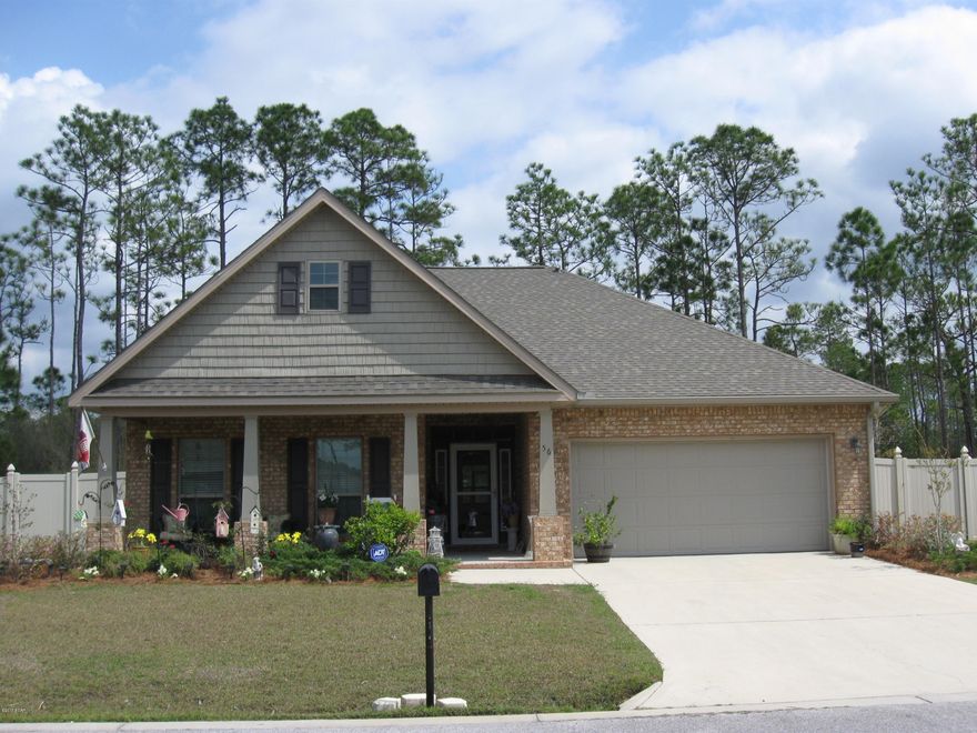 Peach Creek Subdivision. Growing area near just about everything.Home is located in Phase 1 and has a view of a natural greenbelt/wildlife area.Many extra amenities,vinyl fencing,screened porch/open deck,sprinkler system,security system,hurricane protection devices. Vaulted and Cathedral Ceilings. Stainless Appliances. Open layout with split plan.You will enjoy the front inviting porch and a foyer that has so much room that is warm and welcoming. Both sides of the homes yard offer plenty of room to play or plant a garden. The back Yard is really maintenance free due to the deck, and greenbelt being right beside the lot. You will find granite counter tops and off the kitchen is the dining area.  The screened porch offers entrance from both sides of the inside of the home.2 Walk Thru Gates