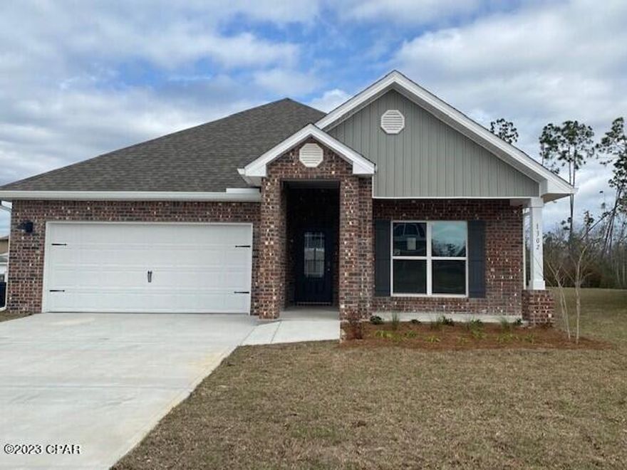 Andrews Park is centrally located off 389 in the very desirable area off Lynn Haven. Our Rhett floorplan is all brick, 4-bedroom 2-bath, it is an open concept floor plan, with a boasting 1,835 sq.ft.  The Rhett floorplan has upgraded finishes throughout. You will find 9-foot ceilings with 10-foot trays and beautiful crown molding. The Rhett also has LVP flooring, granite countertops, a large kitchen island with cabinetry on both sides underneath and brushed nickel hardware.  This floorplan has energy efficient windows to allow lots of beautiful natural light.  The primary bathroom has a beautiful garden tub, perfect for relaxing, and a spacious walk in shower with a glass enclosure. All of these homes come with Deako lighting and Safe Haven smart home systems. Andrews Park homes feature irrigation systems with reclaimed water to help minimize your water expenses. All homes come with a landscaping and sod package as well as gutters.