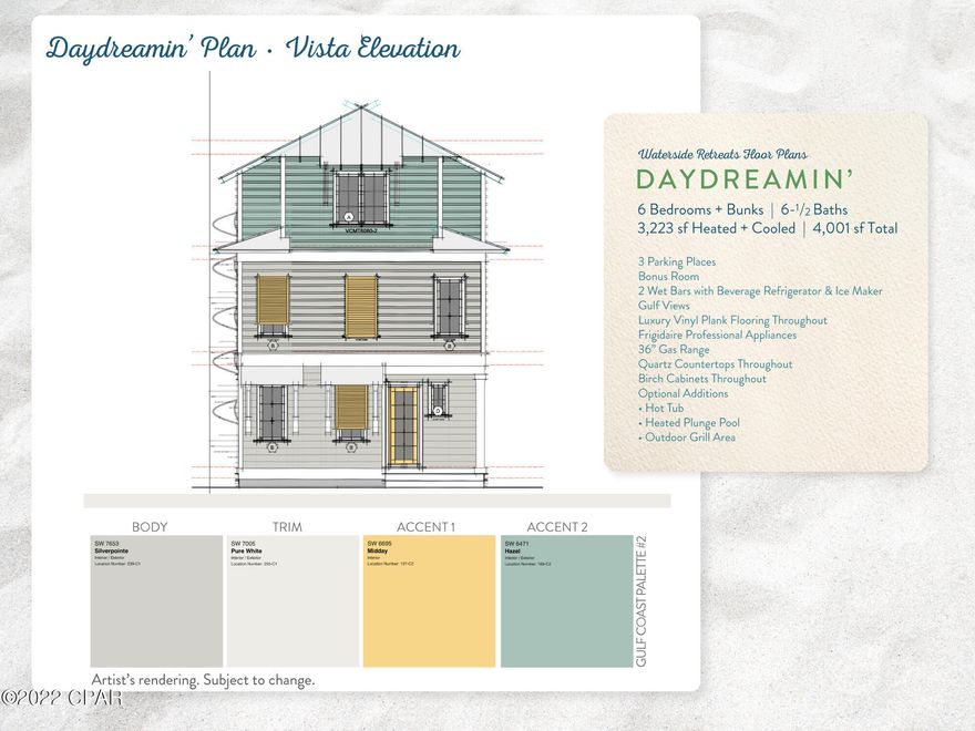 Live the Margaritaville lifestyle and enjoy the amazing views from all 3 levels of this new construction, 6 bedroom plus bunks, 6 and ½ bath home. Margaritaville Beach Cottage Resort offers homeowners a chance to live the dream of owning at Margaritaville and the opportunity to share that dream with vacationers eager to book a stay here! You'll have a hard time deciding which way to enjoy the water first! You can relax the huge resort pool, take a trip around the 425 ft long lazy river or walk just a few steps to the emerald green waters of the Gulf. The Daydreamin' floorplan features 3,223 sf of heated/cooled space perfectly designed to fit your every need. On the first level, you'll find the living and dining area with direct access to the patio featuring fantastic Gulf views. The kitchen is also on this level and features Frigidaire Professional Appliances, 36" gas range, quartz countertops and maple cabinets. There is also a guest bedroom and full-sized bath on this level as well.

On the second level you will enjoy the spacious primary bedroom with stunning Gulf views, a walk-in closet and access to a balcony overlooking the Gulf.  The primary bath features double vanities, a soaking tub and a walk-in shower. There are 2 additional guest bedrooms on this level, a bunk room and 2 additional bathrooms. 

Continuing to the third level, you'll find a large bedroom with access to a balcony with stunning Gulf views and a full bath. There is an additional bedroom and full bath and bonus room as well.

Finishes include maple cabinets, quartz countertops and luxury vinyl plank flooring throughout. You will be able to select from one of three custom curated Margaritaville Design Collections which provide everything from interior finishes, furniture, housewares, and more. Once you make your pick, sit back, relax and we'll take care of the rest.

Margaritaville Beach Cottage Resort will feature an on-site restaurant and poolside bar, pickleball court, game lawn, hammock grove and movies by the pool for you and your guests. 
This resort will be a premier destination and will offer you and your vacation rental guests a unique opportunity to enjoy luxury resort amenities with all the comforts of a beach front single family residence.

A 15% minimum deposit is due after signing and the remainder due at closing. We are using a builder contract which will be provided for your review along with all association and club documents