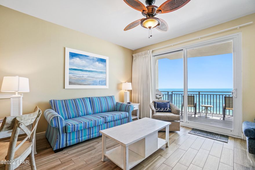 BEST OF THE BEST IN STERLING BREEZE! GREAT ELEVATION WITHIN THE STACK. Located in the center of the building, this stack has the largest balcony of any floorplan in the development. STERLING BREEZE is a Luxurious Resort only a 1/2 mile West of Pier Park. This excellent property conjures up images of sun-splashed days of swimming, biking, and relaxing. It lives like a beach house but comes with all the benefits of owning a condo. This property conveys fully furnished and rental ready! Hard surface flooring throughout – plank ceramic in common areas and bedrooms! The extra full bathroom in this very efficient floorplan (1365sq.ft.; 2Bed, 3Bath + Bunkroom ) lives and rents like a true 3Bed condo (super value!) and allows for fabulous Gulf and sunset views from balcony, living room, dining room, kitchen, & master suite providing the ultimate alfresco living and entertaining environment! Great condition, upgraded to the owners discerning taste, immaculately clean, and well maintained. Both the HVAC and HWH replaced withing the last 2 years. Sunset views from the private balcony complete with private grill are a perfect end to a sunny day and beginning to an exciting evening. Condo has 9' ceilings throughout. EXCELLENT RENTAL INCOME POTENTIAL! Enjoy the good life at Sterling Breeze one of Panama City Beach's newest and most luxurious beachfront condominium developments. Complex is an upscale boutique facility with an architecturally significant facade; and low density with 145 units, and only seven units per floor. Development amenities include a heated overflow-edge pool and spa, state-of-the-art fitness facility, poolside Internet cafe and wine bar, natural stone gas fire pit, seasonal beach service and covered parking. This condo is located less than 1/2 mile west of Pier Park. FROM THIS CONDO, YOU ARE WITHIN STEPS OF EVERYTHING YOU COULD EVER WANT AT THE BEACH!
