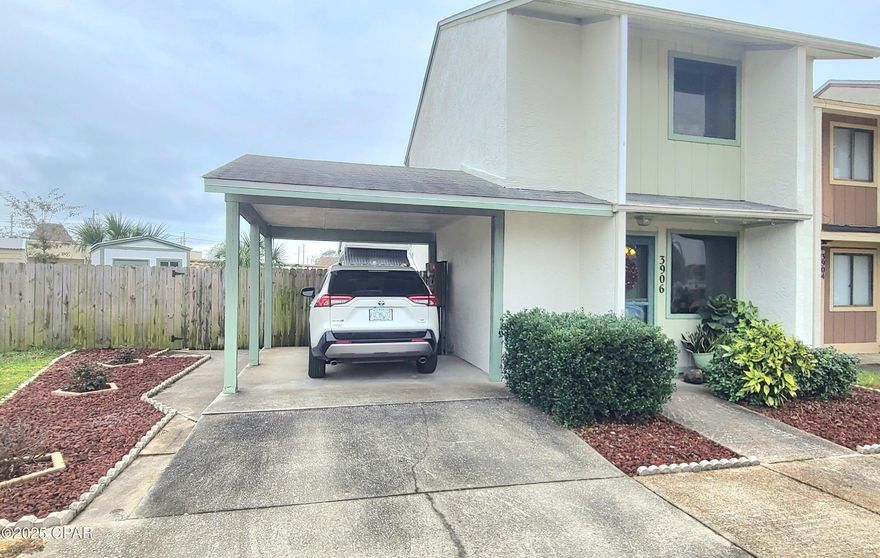 This is not your typical townhome on Venetian Circle. Located at the cul-de-sac of the Venetian Cir, which is quiet and  has no traffic throughout.
Home with doulbe size lot , with back yard, and 3 cars parking on the front of the buiding.
 This home has a carport.  Additional bedroom, small screen patio, storage shed, fenced yard, and an additional bedroom / office/ playroom.. The first floor has ceramic tile with the wood look,  carpet upstairs. Home has  freshly painted exterior,  2021 -AC, 2018 - roof replaced,  2016 water heater. New range/oven and microvawe oven 2025.
 You will love this home and at an affordable price and No HOA fees. No one else has a carport, what a bonus feature.