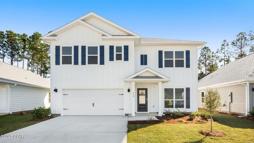 Welcome to 446 Wolcott Way, a new home located at Bayside at Ward Creek in Panama City Beach Florida. This is a two-story home that is ready for move in. It offers a brightly lit open concept design with modern finishes.  

  

Upon entering this home, you will find a bright study off the foyer that leads to the concept design living space. The open concept design seamlessly connects the living and dining areas to the kitchen making this floor plan ideal for entertaining or family gatherings. Elegant features dress the main level including EVP flooring throughout the main level and carpet in each bedroom, elegant quartz countertops in the kitchen and bathrooms, soft-close cabinetry, and stainless-steel appliances that include a smooth top stove, microwave, and dishwasher. An exceptional feature of this home is a guest bedroom on the main level as well as a full bathroom which allows for guests to have their own private retreat. An exceptional feature of this home is the guest bedroom and full bathroom on the main level. 

  

The second level has an additional living area that is perfect for a game room or media area. The primary bedroom has a private ensuite bathroom which has a large soak tub, separate shower, double vanity with quartz countertops, and spacious walk-in closet.  Leaving the primary bedroom, you will see the generously sized laundry room and another guest bedroom. Continuing along the hall you wind two additional bedrooms and a shared bathroom with a double vanity and separate water closet.