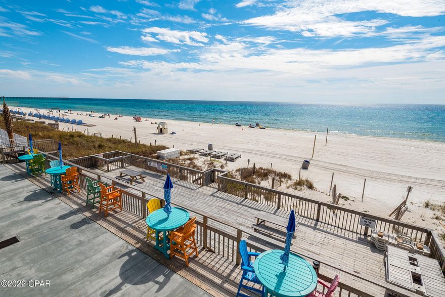 Back on market at NO Fault to the seller! Under contract w/ 72 hour Kickout Clause. Rare and Priced to sell FAST! Attention Investors! RARE Gulf Front Multi-Family 8 Unit Townhome Complex for Sale! NO HOA FEES! Showcasing an incredible short term rental history w/ 75 ft of private beach. 8 units (16 total bedrooms) and unbelievable views.  The common beachfront deck has lots of space and is perfect for relaxing! Catch some sun in one of the loungers, have a drink while listening to the sound of the waves, or watch the most beautiful sunsets over the emerald waters. There's also grills and picnic tables to gather around. This Gulf Front paradise is situated just steps from Pier Park and you can even stroll down the beach to the pier!