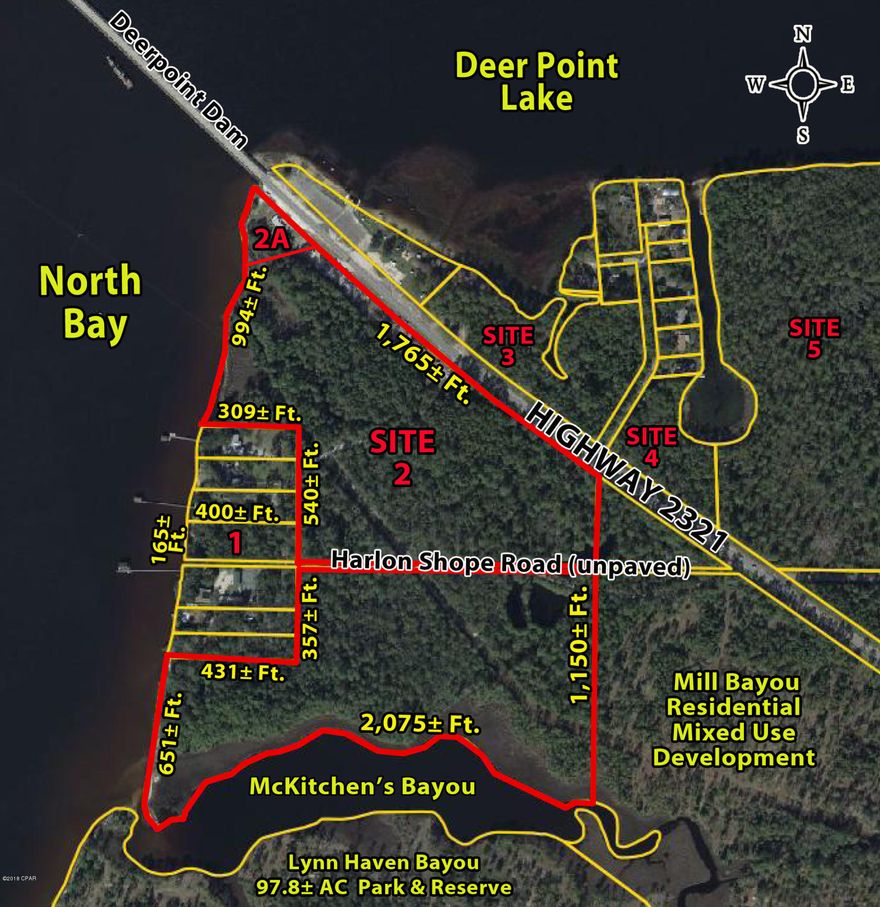 Excellent 3.5 Acre Commercial Waterfront Development Opportunity on North Bay at the foot of the Deer Point Dam.  This site is noted as Site 2A on the property aerial and part of a fragmented parcel consisting of 76.6 acres (Bay County Parcel Number 08671-000-000).  The site currently houses a Bait Shop and is to be carved out of the current parcel with size and dimensions to be determined. Zoned Agriculture/Timberland (AG-2) in Unincorporated Bay County, rezoning & access to municipal water & sewer would require annexation into the City of Lynn Haven.  Additional vacant waterfront and interior land parcels available from .84 acres to 130 acres along the Highway 2321 corridor in the Deer Point Lake and North Bay area.