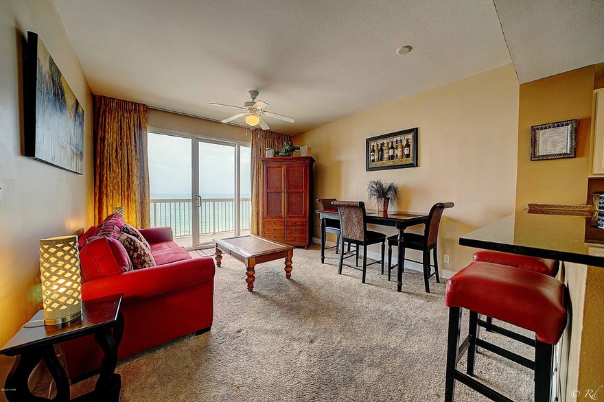 RARE GULF FRONT UNIT at Calypso!  The only way to get the unobstructed view of our beautiful beaches and sunsets is right on the gulf!  This unit is a large one bedroom with 1.5 baths, plenty of room in the living area for a pull out sofa, so sleeps 4 comfortably!  This unit has BRAND NEW FLOORING in the living areas and bedroom, a large bathroom with a separate shower and soaking tub, all granite countertop surfaces and a LARGE balcony that accesses both the living area and bedroom.  Calypso units are EXCELLENT VACATION RENTALS because they are so close to Pier Park and the County Pier you don't even need a car for your entire vacation!  This property has an excellent rental history, see VRBO 483308 to view calendar for showing availability, showings must be during turnover day!