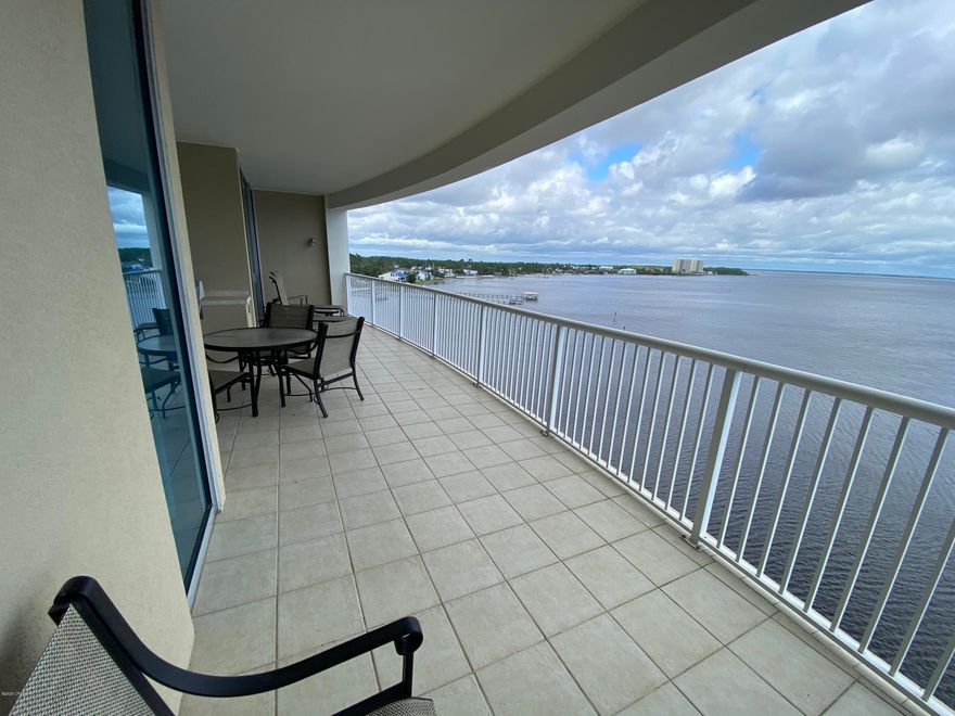 Marina Landing Unit 605 boasts an expansive balcony view overlooking the Bay. Ceramic tile in the living room, kitchen, dining, and bathrooms. Granite counter tops, stainless appliances, and lots of storage cabinets in the kitchen with wide open floor to ceiling views out over the bay.  Both bathrooms have double vanities. The luxurious complex features a community room, exercise room, bay front swimming pool and whirlpool, covered outside sitting area, boardwalk, and assigned covered parking. Marina Landing is conveniently located between Panama City and Panama City Beach, just minutes from shopping, restaurants and entertainment. Call and make your appointment to see soon.