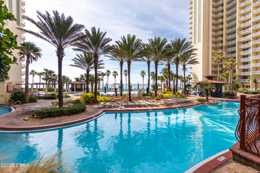 Welcome to the Shores of Panama. This Gulf front retreat offers a host of Luxury amenities including a lagoon style pool, two tiki bars, a pet walk for owners' pets and on-site dining, drinks and exnihilating water sports and beachfront activities to keep you entertained. Unit 616 offers incredible views of the Emerald water and the world's most beautiful beach This beautiful condo on the sixth floor is waiting for you. This comes with a same floor parking space that is conveniently located. This fully furnished condo offers a primary bedroom with a King bed and an eon suite bathroom. The bunk room has a door for privacy and an additional full-size bathroom, the bunk room has a full size on the bottom and a twin on top. There is a washer and dryer in the unit and an additional sofa sleeper for additional guests. New Refrigerator, the seller has a storage space for extra storage for an extra fee, 24-hour security, this condo is on the rental program rental revenue is from 30,000 to 50,000. Just steps away from the beach, restaurants. premier shopping and entertainment.