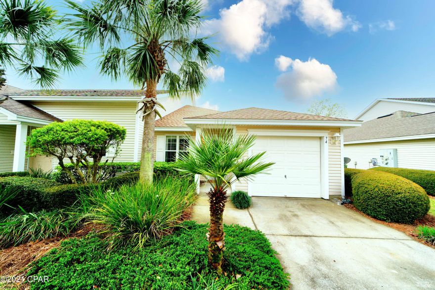 This home offers numerous upgrades such as granite kitchen and bathroom countertops, tile flooring, new carpet, a quiet screened in patio, plantation shutters, and a brand new roof installed in 2020.  Palmetto Trace neighborhood is a golf cart friendly neighborhood and close to the beach and pier park.