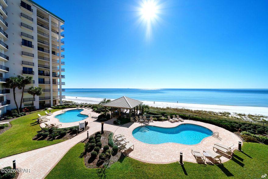 Summerwinds Non-rental Condominium ~ This stunning two bedroom, two bath gulf front condominium is simple elegance. The spacious third floor unit features beautiful custom finishes and gorgeous views of the Gulf. Featuring 1,600 square feet of beachfront living space at Summerwinds, a resort-style private condominium. Upgrades include custom cabinets, tile showers, shiplap, stainless Viking appliances, quartz countertop, custom drapes, and wide plank luxury flooring, This unit has a single car garage, 9-foot ceilings and a balcony overlooking the pools, lush landscaping, and the world's most beautiful beaches.. SummerWinds Condominium is a one-of-a-kind luxury gulf front condominium on the east end of Panama City Beach. SummerWinds has 72 units. This gated, private, community is a non-rental community.