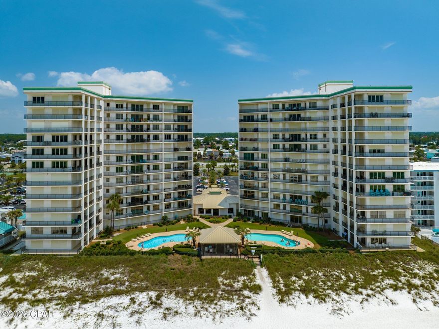 Summerwinds Non-rental Condominium ~ This stunning two bedroom, two bath gulf front condominium is simple elegance. The spacious third floor unit features beautiful custom finishes and gorgeous views of the Gulf. Featuring 1,600 square feet of beachfront living space at Summerwinds, a resort-style private condominium. Upgrades include custom cabinets, tile showers, shiplap, stainless Viking appliances, quartz countertop, custom drapes, and wide plank luxury flooring. This unit has a single car garage, 9-foot ceilings and a balcony overlooking the pools, lush landscaping, and the world's most beautiful beaches.. SummerWinds Condominium is a one-of-a-kind luxury gulf front condominium on the east end of Panama City Beach. SummerWinds has 72 units. This gated, private, community is a non-rental community.
