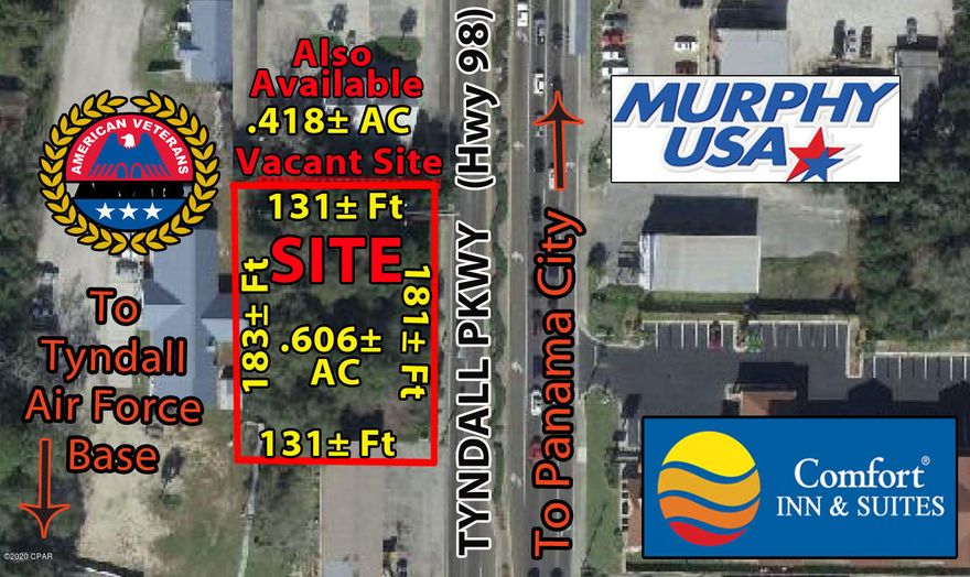 Prime Commercial Corner Site near the busiest intersection on the east side of Panama City, located on the southwest corner of Highway 22 & Tyndall Parkway (Highway 98). The site is zoned Commercial in the City of Callaway with great visibility, easy access & public utilities. High Traffic counts - Tyndall Parkway (30,000 vehicles per day - 2019 FDOT). The site is located less than 1 mile south of the Callaway SuperWalmart, and in close proximity to Bay County's 3 largest employers, Tyndall Air Force Base, WestRock and Eastern Shipbuilding.  The site north and adjacent is also available for sale, see MLS Number 682365.