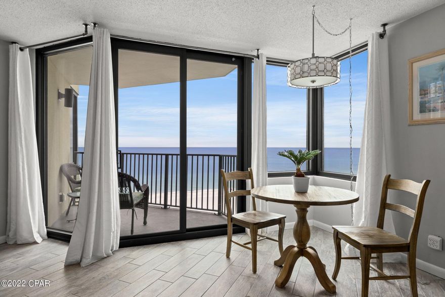 Beachfront Sunbird condo with a magnificent view of the Gulf of Mexico! This clean unit was a vacation home for current owners and has not been a rental since they purchased.  It includes a private balcony, plank tile floors, a private bedroom at the back of the unit, and an updated bathroom.  The kitchen sports new designer Mid-Century countertops, new appliances, and open cabinets with lots of storage.  This unit is being sold fully furnished and rental ready with a stunning view of the setting sun every evening. Condo includes a shared owner's closet.  The resort's renovations are nearly complete following Hurricane Michael, and include a new roof, new decks, refinished center pool, new laundry rooms, and new windows and sliding glass doors. Resort amenities include a new tiki hut bar to be installed this season, tennis courts, fitness room, three pools, and brand-new barbeques for beachfront cookouts.  Walking distance to local attractions and restaurants including the world-famous Pineapple Willy's which is just next door! The perfect location for your new vacation rental or second home.