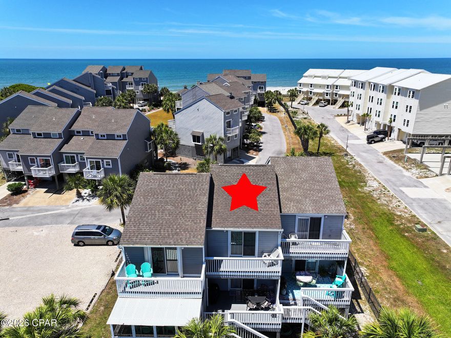 Beautifully furnished 2-bedroom, 2-bath coastal townhome offering stunning Gulf and Bay views from multiple levels! This 2+ story home features durable LVP flooring and tile, along with a thoughtfully designed layout ideal for beach living or investment. The top floor is dedicated to a private primary suite with a spacious walk-in closet, double vanity, soaking tub, and separate shower. The main level includes the living area, kitchen with breakfast bar, and a guest bedroom with queen-sized bunk beds, plus a full bath. Enjoy open decks on both sides of the home to take in water views and coastal breezes. The ground level offers covered parking, storage, and entry access. Sold furnished with current rental bookings, this property is turnkey for personal use or rental.  Located within the gated Barrier Dunes community, residents and guests enjoy outstanding amenities including two swimming pools (one Gulf-front), tennis courts, a playground, and a community clubhouse. This townhome already boasts strong rental history and existing rental income, making it a fantastic investment opportunity or personal beach retreat. Enjoy the laid-back coastal lifestyle just steps from the sugar-white sands and emerald waters of Cape San Blas!