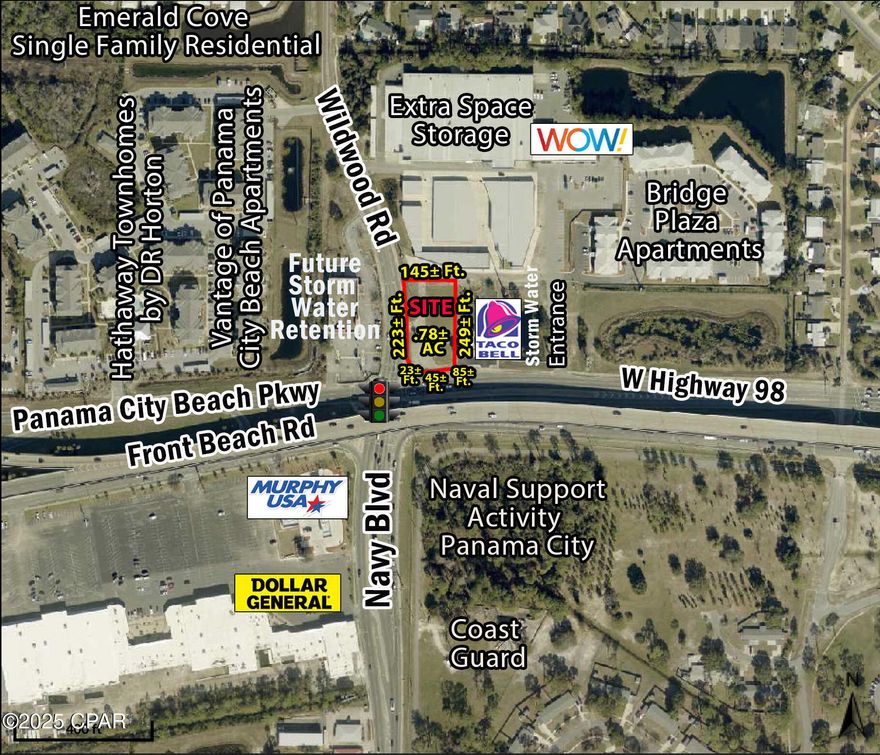 Super prime location in the center of the activity on the east end of Panama City Beach, across Wildwood Road from 156± unit Hathaway Townhomes, 288± unit Vantage of Panama City Beach Apartment Homes, 113± Lot Emerald Cove Single Family Residential Development, as well as, other Condominium and Residential Developments. Very near this location is the recently completed 220± Acre Panama City Beach World Class Sports Park with 12-15 Multi-Purpose Fields for hosting Baseball, Softball, Soccer, Flag Football, Lacrosse,
Rugby and more! Also, a K-8 Bay District School adjacent to the Sports Park, as well as, 1400± Residential Homes planned for the immediate area between East of Breakfast Point and West of the Sports Complex. All conveniently located between Patronis Elementary and Breakfast Point Elementary Schools.