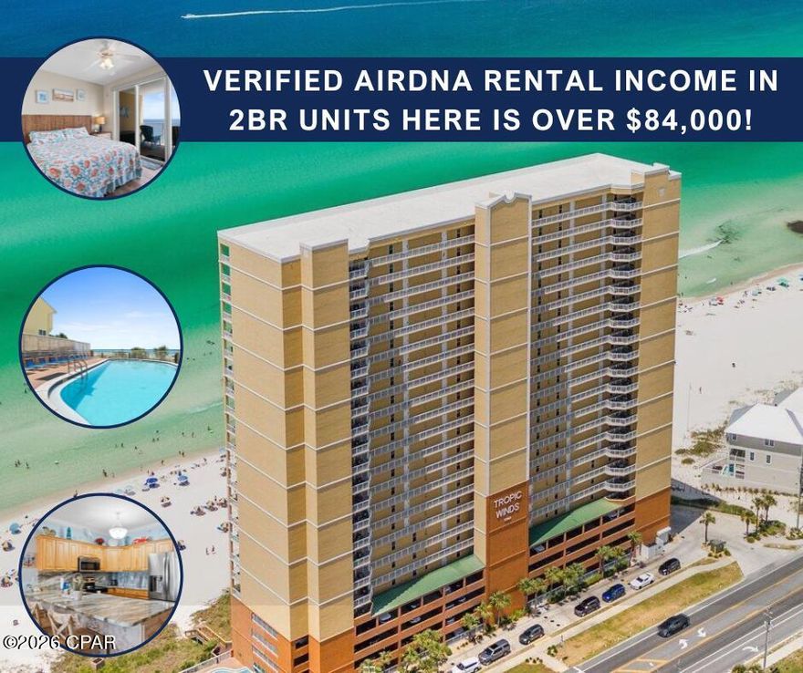 -----> BIG PRICE DROP!  $30K! <-----

YOU'VE FOUND IT:  THE MOST FABULOUS 2 BR CONDO AT TROPIC WINDS!

PRISTINE CONDITION: Never been a rental 

PARKING SOLVED: Comes with TWO deeded garage spots! 

ELECTRONIC ROOM DARKENING SHADES in living room and Gulf-front Master 

This gorgeous 2/2 condo has been this family's memory-maker for the past ten years, and now it can be YOURS! 

Beachy decor and ALL the best details: 

* Stacked stone detailing in entry and island 
* Exquisite granite countertops 
* LG fridge 
* KitchenAid dishwasher 
* Frigidaire electric range and microwave 
* Disposal 
* Dining seating for 6 at the table plus 3 at the bar 
* Laundry room with Samsung W/D 
* Nest thermostat to control from your app 
* Wood-look tile in both bedrooms 
* King bedroom 
* Queen bedroom with Twin/Twin bunks 
* HUGE balcony (9.5' x 27.8') 

AND HAVE YOU SEEN THE AMENITIES?  

BBQ Pit/Grill • Fitness Center • Meeting Room • Picnic Area • Pool • Sauna/Steam Room • Spa/Hot Tub

AND...TWO DEEDED PARKING SPOTS!

What's not to love?  Come see this TODAY!

NOT a rental.  Vacant and EASY TO SHOW!

See the walkthrough video attached to this listing, and ask your agent for the Airbnb link as well.

Thank you for your interest. We look forward to your offer!