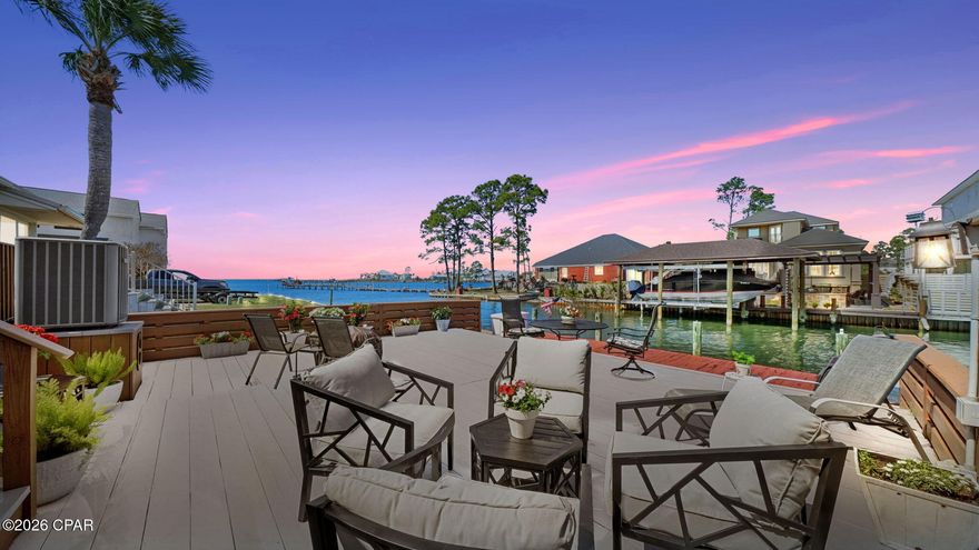 Boat from Your Backyard | Deep-Water Canal | Private Dock | Sunset Views | No HOA

Boat from your backyard while enjoying spectacular sunset views from this beautiful waterfront townhome on a deep-water canal with easy Gulf access. Perfectly located in Goose Bayou off St. Andrews Bay, this property offers the ultimate boating lifestyle with a private dock that accommodates up to a 27-foot boat--allowing you to cruise to Shell Island, just 11 miles away, in approximately 25 minutes.

The spacious waterfront deck overlooking the canal is perfect for entertaining, grilling your fresh catch, or simply relaxing while enjoying breathtaking sunsets over the water.

This home offers numerous upgrades and peace of mind including soundproof high-impact storm windows and doors, a durable metal roof, remote-control blinds across the entire back of the home, and a high-efficiency HVAC system with an average electric bill of approximately $160 per month. In addition, all new high quality flooring recently installed on main level.  The three seawalls have also been rebuilt, providing lasting waterfront protection.

Short-term rentals are allowed, making this property an excellent opportunity as a primary residence, vacation home, or income-producing investment.

Enjoy the perfect balance of peaceful waterfront living and convenience. The Panama City Racquet Club is just minutes away, and grocery stores, shopping, and pharmacies are within a 10-15 minute drive. The restaurants, shops, and marina atmosphere of Downtown St. Andrews are only about 15 minutes away.

Best of all -- NO HOA.

If you've been dreaming of keeping your boat behind your home, cruising to Shell Island, and enjoying spectacular waterfront sunsets, this property delivers the coastal lifestyle you've been looking for.

Schedule your private showing today.
*Measurements are approximate and should be verified*