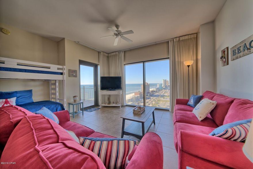 ENJOY FANTASTIC WESTERLY GULF VIEWS AND VIEWS OF PIER PARK!  This beautiful decorative condo comes fully furnished.  Tile floor throughout, breakfast bar and condo includes bunk beds for your guests.  Origin at Sea Haven's many amenities include; In Ground pool (heated), hot tub,  movie theater, fitness center, covered garage parking.  Walking distance to many attractions, Gulf World, Pier Park, restaurants and shopping! Please call for details.All sizes approximate.