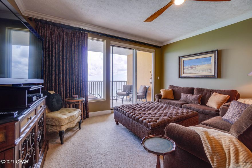 If you are looking for a one of a kind property and the best that Panama City Beach has to offer then look no further! This highly sought after, 2 Bed/2 Bath condo on the 11th floor of Treasure Island and has one of the BEST VIEWS on Panama City Beach! Enjoy sunrise views in the morning and Sunset views in the evening! The layout of this over-sized condo's interior is superb for entertaining, offering 9' ceilings through-out and an excess of space and features!! Non rental is ultra clean and exceptionally well maintained.  Conveys fully furnished with absolutely magnificent furniture and decor, turnkey, and rental ready! The pet friendly complex has a large heated pool and a kiddy pool and two gazebos, covered parking, four high-speed elevators, fitness room, owner's lounge and game room. It is located on Thomas Drive within walking distance of Saint Andrews State Park and minutes from the area's finest restaurants, fishing, amusement attractions and golf. An assigned parking space conveys with the condo and the crossovers on the first 5 levels of the parking garage make loading and unloading a breeze. All information and measurements are believed to be correct but buyer should verify all information and measurements. Please note the following exclusions: Sculpture of gray whales on bar, Lion art in living room, and Beach picture in master bathroom.