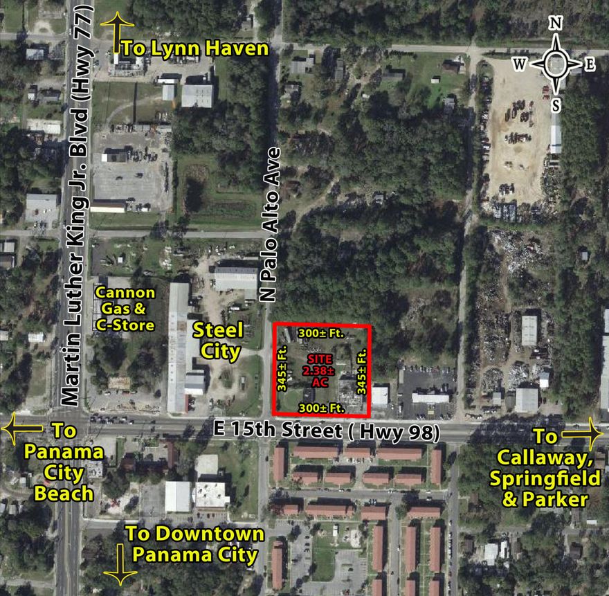 This is a partial parcel offering of Bay County Parcel number 14500-000-000. The land and buildings that convey lie on the northeast corner of 15th Street and N. Palo Alto Avenue, the main portion of this parcel (Steel City) does not convey. This 2.38± acre site is zoned Light Industrial in the City of Panama City. Both buildings were constructed in 1976. Building #1 - 807 15th Street is 1,500 sf and is vacant (former Pawn Shop). Building #2 is a two tenant building and 6,400 sf, 821 is vacant and Adrenaline Rush occupies 823. Large storage yard is located north of the buildings with access from N. Palo Alto Avenue. This a great redevelopment site for many uses and favorable for rezoning to Commercial per Panama City Planning Department. High traffic counts, great visibility, & easy access