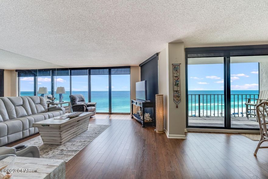 Enjoy the view of one of the world's most beautiful beaches from the Panoramic view offered from the beach side of Tower 111, Unit 802. With floor to ceiling glass on the entire unit on the beach side, the dazzling view is unparalleled  from many others on the beach. Used primarily for a personal residence  and second home by several previous owners, the unit has been kept in pristine condition for many years. Only placed into rental service May 1 of 2023 after many recent updates. To mention a few within the last 24 months: HVAC, Garbage Disposal, Ice Maker, Top end GE Electric Range w/ built in Air Fryer. Kitchen Cabinet Doors & Drawer Facings. Granite Countertops, egg shell crate ceiling kitchen tile. Bathroom vanities & mirrors. with LVP flooring. New carpet in both bedrooms. Edgewater Resort offers onsite restaurant, large Lagoon pool and each tower has its own pool. Across the street you will enjoy 9 hole golf course, tennis, pickleball and wonderful gym for working out.  24 hour Security and much more. Unit is RENTAL READY or perfect for your personal vacation home or residence.
