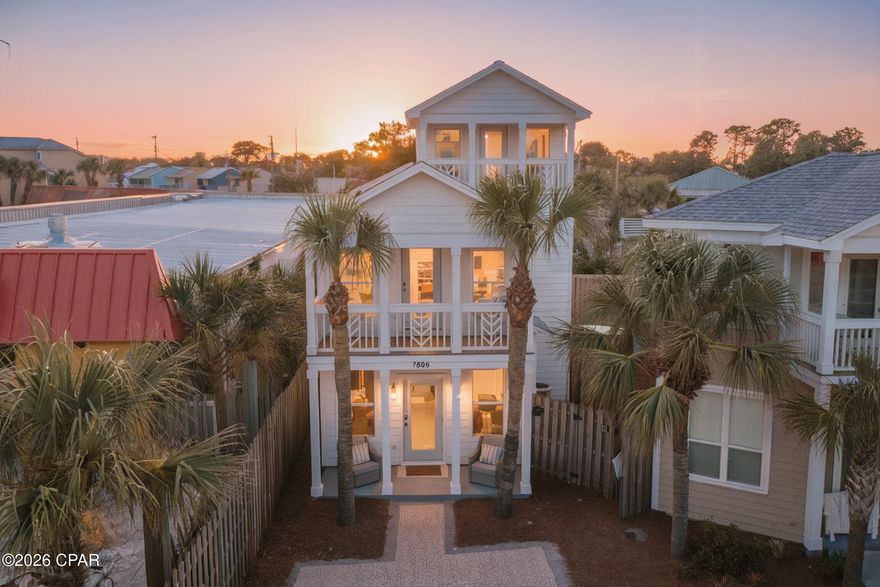 OPEN HOUSE 1/18 1pm-3pm. Turnkey Rental-Ready Beach House: 4BR/3BA + Bonus Room, Sleeps 14. Enjoy a short 3-minute stroll from your front door to the beautiful Gulf beach access—pristine white sands and emerald waters await! Fully furnished and 100% rental-ready from day one. Exceptional investment opportunity or family beach retreat - immediate occupancy or income potential. This stunning home was fully renovated by a reputable licensed Florida general contractor. The 4-bedroom, 3-bathroom property with a third-floor bonus room comfortably sleeps 14 and is located just a 3-minute walk across from Rick Seltzer Park (Beach Access 17). Enjoy 170 feet of dedicated, pristine Gulf frontage. This rare, open beach setting features one of the three lifeguard stands in PCB, outdoor showers, and a peaceful, natural vibe - perfect for families, renters, and personal escapes. Subtle Gulf views from the upper balconies, hurricane-impact windows and doors (lower insurance costs - no storm shutters needed), and exclusive access to a community pool and hot tub shared by only five homes. Upgrades include fire safety system to meet Panama City Beach short-term rental fire safety requirements. Turnkey furnished with all new mattresses, bedding, towels, blankets, sheets, TVs, fully stocked kitchen (dishes, appliances, everything needed), washer/dryer, outdoor furniture, programmable code door lock for easy remote guest access, and more. Proven rental potential in a prime location. The open-concept main floor offers bright living, dining, and kitchen areas with stainless steel appliances, gas range, quartz countertops, tile backsplash, and recessed lighting. A spacious primary suite on the main level includes direct backyard access. Upstairs, the second primary suite features vaulted ceilings, walk-in closet, private balcony, and spa-style bath with soaking tub and walk-in tile shower. Two additional bedrooms - one with twin-over-twin bunk and one with queen-over-queen bunk - share a modern hall bath with tub/shower combo. The third-floor bonus room includes four built-in twin bunks, gaming nook, and private balcony with Gulf views - ideal for kids and teens. Outdoors, enjoy the rare private backyard (the only one in the community) with low-maintenance turf, putting green, firepit, grilling area, and space for yard games. Renovations are to include hurricane-impact windows and doors throughout, new Hardie Board siding, new exterior decking, Navien tankless water heater, Complete interior remodel with new flooring, new trim and interior doors, new cabinetry, built-in bunks, quartz countertops, tile showers, designer fixtures, recessed lighting, and much more. This home delivers unbeatable location, luxury, and low-hassle ownership - steps to sugar-white sands yet away from the crowds. Schedule your private showing today!