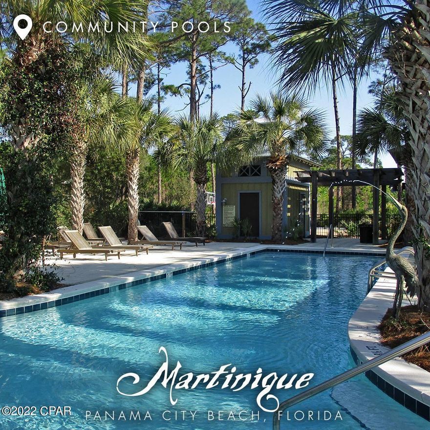 Martinique on Grand Lagoon features gated entry, community pool, walking trails, and a basketball court. The pool and park pavilion overlook the main lake of Martinique. The gated cobblestone entrance provides security for residents and their guests. A scenic walking trail wraps throughout the community. Martinique is a first class community! Building and landscaping standards are designed to make the most of the extraordinary location.