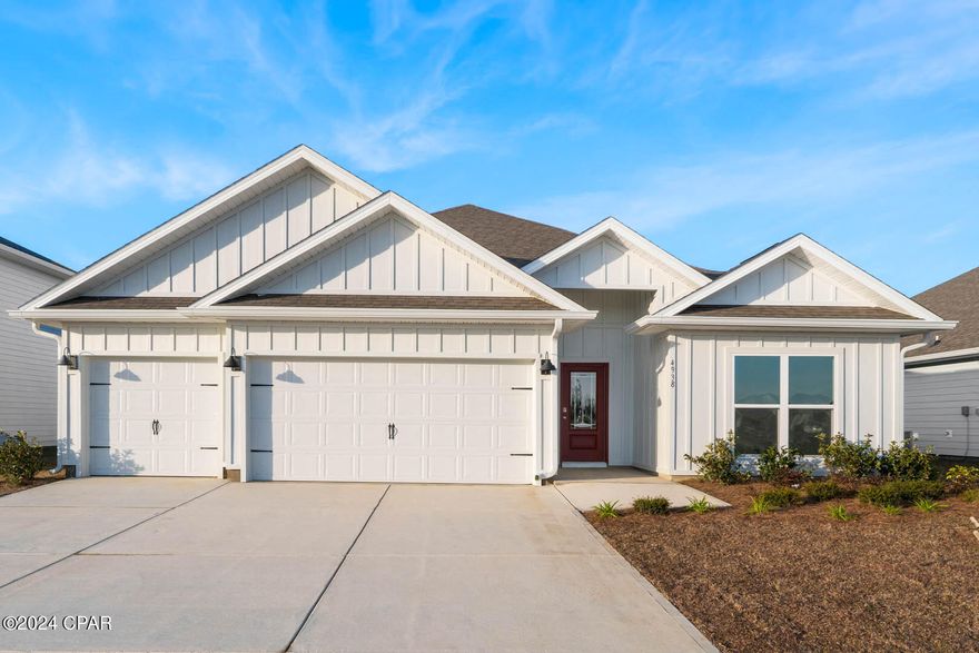 The Destin is a single story detached home that is in the highly desirable community of Titus Park. The Destin is a one-story, four-bedroom, three-bathroom, three-car garage floorplan. As you enter this home you are covered by a small front porch and walk into a foyer. The home's first two guest bedrooms and one guest bathroom are off of the foyer. If entering through the garage, you will walk directly into the laundry room and then into the home's kitchen and living room area. The kitchen has granite countertops and Whirlpool Stainless steel appliances. Towards the back of the home are the third guest bedroom, guest bathroom, and main first bedroom. A standard Smart Home package includes a KwikSet keyless entry, Skybell doorbell, automated front porch lighting, an Echo Dot device, and Quolsys touch panel which can be integrated to control your lighting, thermostat, front door and so much more. Titus Park is in Panama City, Florida and is only minutes away from Tyndall Airforce Base! This large-scale multi-phase community is located off Highway 390 at Highway 231, centrally located for an abundance of shopping, restaurants, and great schools! Beautiful white sands beaches are just a short drive from your doorstep. Access the bay for fun and fishing by use of the public boat ramp only 3 miles away.  There is a new Publix shopping center across the street from the community entrance.  Titus Park is located in Panama City, Florida and only minutes away from Tyndall Air Force Base! This large scale, multi-phase community is centrally located off Highway 390 and just north of Highway 231 and is surrounded by a multitude of shopping centers, restaurants, and is only minutes from the North Bay and St. Andrew's Beaches.