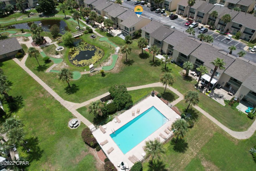 CURRENTLY UNDER CONTRACT - SELLERS TAKING BACK UP OFFERS!!! Gulf Highlands Beach Resort is centrally located on Panama City Beach with a Gulf Front Club House and Pool across the street. There is a traffic light crosswalk to cross the street safely right outside the back gate. This Resort has so much to offer including, gated entry, security, 18 hole mini golf, 4 tennis courts, 11 pools, exercise room all included in the HOA dues. Short term rentals are allowed. The Resort is within walking distance or a short bike ride to bowling, skating, arcade, a trampoline park, fine or casual dining, nail salons , the post office, Walmart and Publix. This newly remodeled end unit townhome includes new exterior paint, interior paint, vertical blinds, mattresses, sofa sleeper, recliner, dining table, chairs and toilets. The stainless kitchen appliances and gas tankless water heater are just 1 year old. The roof is 3 years old and the HVAC is 5 years old. One of the many swimming pools and the miniature golf course is conveniently located right outside the backdoor. This is a vacation rental and showings will be on turn days. This unit has gross rental income this year to date of $24,512. Keep in mind the current owners use it frequently for personal use and if used solely for investment could generate even more revenue. The golf cart can be purchased separately. Verify all measurements if important.