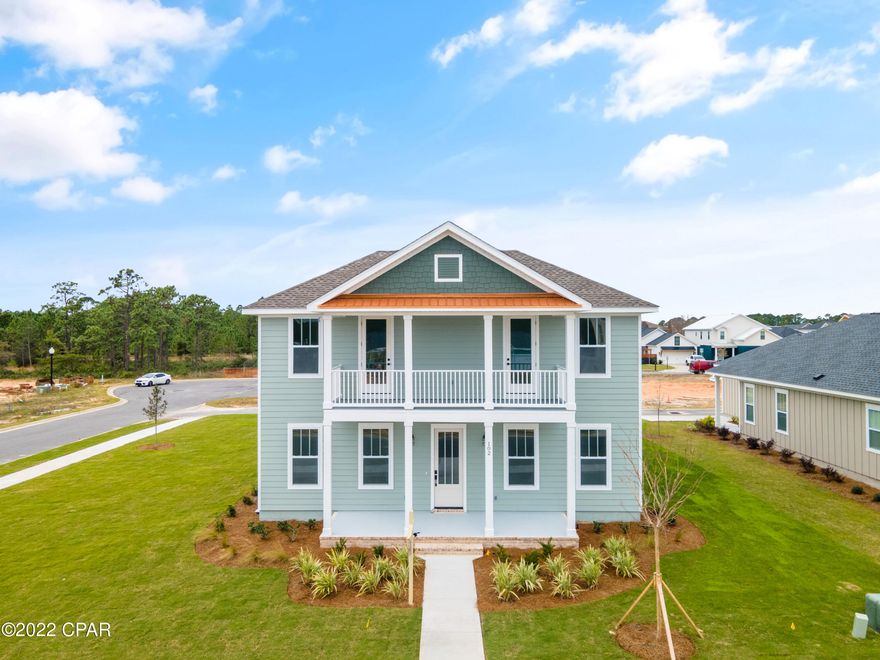 FALL 2022 COMPLETION! NEW CONSTRUCTION offered in the brand new TAPESTRY PARK PHASE III in Panama City Beach built by Southern Coastal Homes.  BUILDER IS OFFERING $10,000 in closing cost assistance or upgrades! 2 blocks to the beaches of the Gulf of Mexico and beach access #43, close to shopping and dining, and the famous Pier Park. Homeowners will have access to Phase III pool, lighted sidewalks and green spaces as well as access to tennis courts. basketball courts, club house and community pool of subsequent phases. This grand 4/3.5 PALMETTO floorplan is a brand new Southern Contemporary design with old Florida charm and coveted upgrades. INTERIOR features include 10 ft ceilings with 8 foot interior doors, large volume Great Room with an open floor plan, dedicated study/flex room, kitchen with center island, custom cabinetry, walk-in pantry and stainless-steel appliances.

The FIRST FLOOR Master Suite has an expansive tiled shower, pedestal tub, double vanity large walk-in closet with direct access to laundry room. The second floor holds 3 well-appointed bedrooms; one with ensuite bathroom and jack-and-Jill layout.
EXTERIOR features of this home includes Hardie board siding with beautiful brick rocking porch, double front porches, 8 ft. exterior doors, rear detached garage with alley access and optional outdoor kitchen.
Home includes smart lock, tankless gas water heater, energy efficient appliances, dual A/C units and has been expertly designed by our design team.
*Design board elements subject to change based on availability and without notice.*