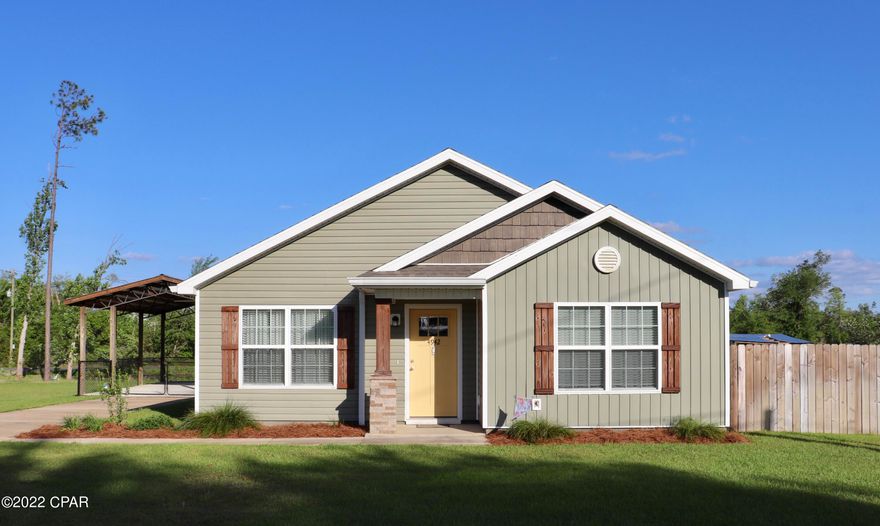 Lovely home just steps away from Deerpoint Lake! This 2 bedroom, 2 bath home was built in the later part of 2019 and occupied in 2020! This custom built home has all kinds of upgrades including vinyl wood plank flooring throughout, trim, white cabinets with granite tops in the kitchen and in the bathrooms, black stainless steel appliances and blinds throughout the home! The exterior features a fenced in back yard for small children or your precious pets, pole barn inside the fenced yard, back patio overlooking a small fishing pond, a covered front porch and much more! Bring your boat and your fishing poles and get ready for some of the most beautiful sunsets in the area! Just a short drive to Panama City Beach, TAFB, shopping, restaurants and schools in the area. WOW this is a beauty!!