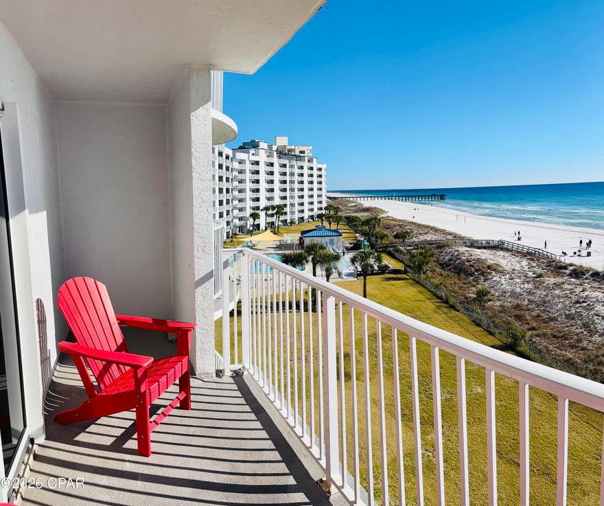 TV'S: 58'' TV in living room, 43'' TV in master bedroom and 32'' TV in guest bedroom
BEDS: King in master bedroom, 2 queens in guest bedroom
LIVING ROOM: Queen sleeper sofa and two recliners
KITCHEN: Full kitchen with updated stainless steel appliances. Includes a coffee maker, toaster, washer/dryer and dishwasher
BATHROOMS: Newly remodeled ceramic tile walk-in showers in each bathroom
FLOORING: Vinyl wood flooring throughout unit
CEILING FANS: 3 Ceiling fans located in both bedrooms and living room
AMENITIES: 5th Floor Gulf front unit. Great view of sunset and beach