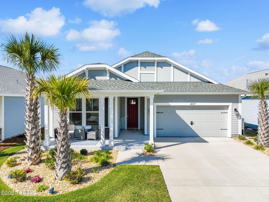 CURRENTLY UNDER CONTRACT, SELLER ACCEPTING BACKUP OFFERS. Meticulously maintained home located in the highly sought after Breakfast Point Community. This Samuel Taylor home was built above hurricane code with 2x6 exterior walls, hurricane tie down rods and anchor system, and architectural shingles. Both exterior and interior walls are insulated which helps create an energy efficient home. The exterior features privacy fenced back yard, beautiful landscape rocks, hearty board siding, and seamless gutters around entire perimeter of home. This incredibly popular ''Trigger'' floorplan offers a split bedroom layout with 9 and 10 foot ceilings, 8 foot interior and exterior doors, Galveston oak vinyl plank flooring, and 18 inch tile flooring in both bathrooms. White baseboard and trimmed window package featuring faux wood blinds throughout home. French patio doors with built-in blinds lead to a delightful 26x10 covered back patio. Kitchen features 42 inch cabinets, under cabinet lighting, subway tile backsplash, granite counters, and stainless steel appliances. Laundry Room includes wall to wall cabinets above the washer and dryer and an additional refrigerator. Master on suite offers a double vanity sink, granite counters, walk-in closet, and a large shower with glass doors, listello accent tile, and diagonally ran stone flooring. This better than new home is perfect and ready for its new owner to move in and enjoy!