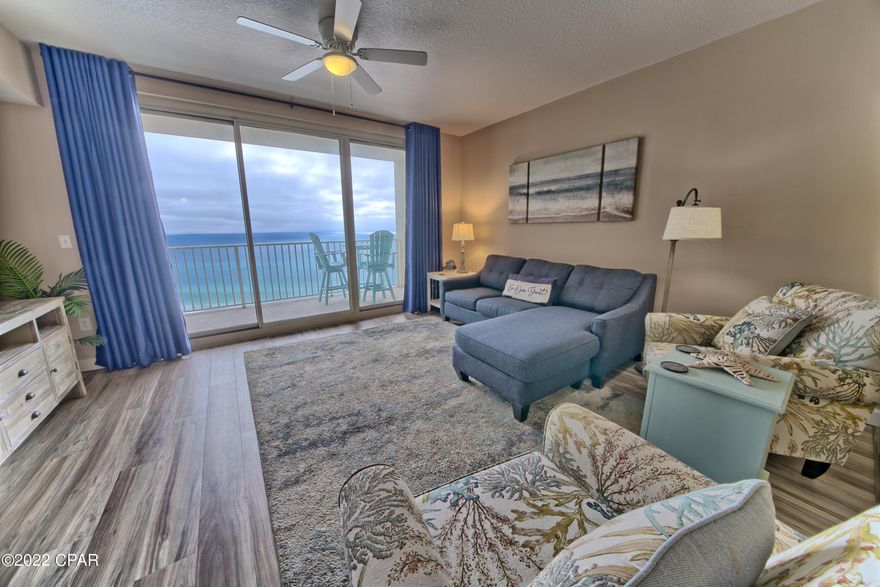 Under Contract - Taking Backups the phrase 'CURRENTLY UNDER CONTRACT, SELLER ACCEPTING BACKUP OFFERS Shores of Panama is a premier luxurious resort and one of the best ROI's on the beach! This is the most popular floorplan at Shores of Panama, with a double balcony & master bedroom facing the gulf! This location (13th stack is one of the best views), dedicated parking spot conveys. Fully furnished and turn-key! Updated furniture throughout, polywood balcony furniture, twin over double bunk, sleeps 7! Shores of Panama is a 23 story Tuscany style condominium complex in the heart of PCB, and right next door to the world famous Pineapple Willys restaurant.  Shores of Panama has unbeatable amenities, including the massive gulf side pool and hot-tub, 2 tiki bars, indoor pool, garage parking (on