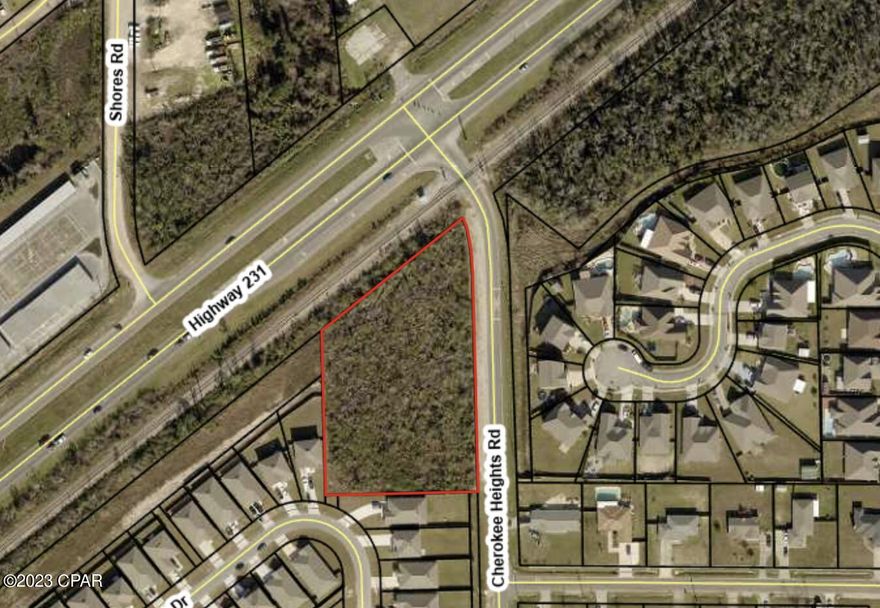 Highly desirable commercially zoned and traffic signaled with median cut 2± acre site located at the southwest corner of Highway 231 and Cherokee Heights Rd. Located strategically in the heart of all the residential growth, Tommy Smith Elementary, and Merritt Brown Middle. Site is currently zoned C-3 in Bay County ; Highway 231 traffic count: 28,500 (2022) ; 308± ft. on Hwy. 231 , 449± ft. on Cherokee Heights Rd. , 245± ft. on the south , 262± ft. on the west.