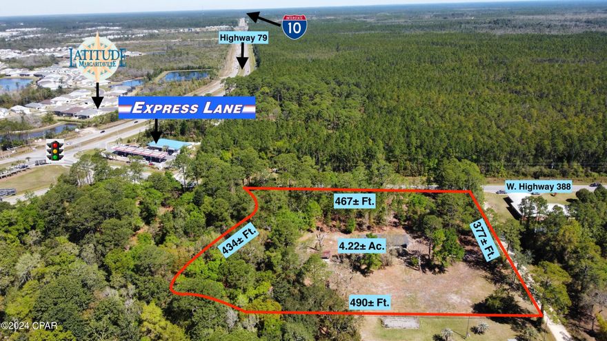Prime 4.22± acre commercial development site on W. Highway 388 in the heart of one of Florida's hottest markets, West Bay/Panama City Beach and home to Latitude Margaritaville, a mixed use development included in the 110,000± acre Bay-Walton Sector Plan. The site is strategically located just 1.5± miles south of the primary entrance to Latitude Margaritaville and 4± miles west of Northwest Florida Beaches International Airport. Convenient access just 700± feet east of the Highway 79 corridor and the West Bay Bridge, the gateway to Panama City Beach to the south, and Latitude Margaritaville to the north. Zoned General Commercial (C-3) in Unincorporated Bay County which allows for many commercial uses. Bay County public water and sewer are available along W. Highway 388. There currently is a 2,136± square foot home on the property built in 1975 which may or may not contribute value. This site with its current entitlements is ready for immediate commercial development.