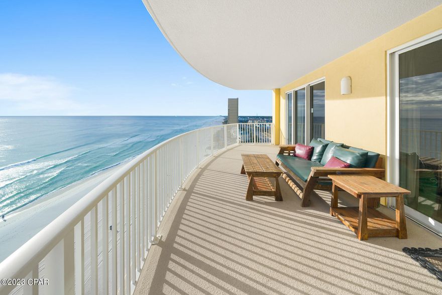 Large TWO BEDROOM Gulf front sunset side CORNER CONDO with Gulf front master bedroom and spacious balcony, located West of Pier Park. End units at Emerald Isle are over 90 SqFt larger than others in the building, and if you like Panama City Beach Sunsets, the 01 stack on the WEST END of the property has the Best Views! Curved (radius) balcony offers views for miles and with solid surface wood-look tile throughout, this condo is a turnkey rental, or your new 2nd home. 12th floor not too high, not too low, and Mike's Cafe & Oyster Bar is right across the street! Schedule a showing or make an offer this week!