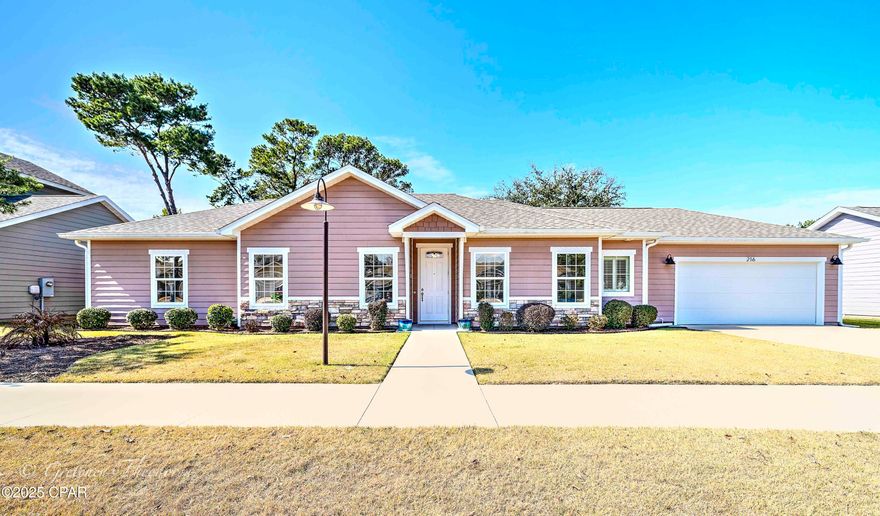 ''CURRENTLY UNDER CONTRACT, SELLER WILL CONSIDER BACKUP OFFERS'' - Welcome to Ocean Mist, one of Panama City Beach's best kept secrets. This quiet, gated community features 24 craftsman-style homes, a secluded community swimming pool, a shaded pergola for gatherings, sidewalks for walking, and underground utilities which enhance to it's charm. You'll love the ''Windsong'' with its one level open floorplan and split bedroom layout featuring custom cabinets in the kitchen and bathrooms, granite counter tops throughout, upgraded fixtures, breakfast bar, stainless appliances, crown molding, laundry room with sink, large master bedroom, master bath with separate custom tile shower, double vanity sink, and large walk-in closet with custom shelving. Relax or entertain in your personal outdoor living space with a meticulously designed custom pergola providing ample shade, alongside an outdoor kitchen equipped with a grill, bar top eating area, and refrigerator, all surrounded by elegant flagstone. The expansive patio area features an additional seating area, and an outdoor shower with both hot and cold water, perfect for rinsing off after a day at the beach. Additional home upgrades include: closet organizer in Master closet, epoxy flooring in garage, plantation shutters throughout, sprinkler system, rain gutters, hurricane shutters, and the home is wired through Generac for 110 service for you to connect a generator to run the home during power outages (Does not include a generator).
This property is conveniently situated within walking distance of the world's most beautiful beaches, and just minutes from Pier Park, various restaurants, golf courses, and shopping areas. The quarterly Homeowners Association (HOA) fee includes weekly trash service.
This charming property won't last long—schedule your showing today and make it your perfect beach retreat! All information is approximate and should be verified by buyer if important.