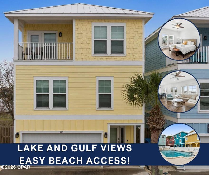 Welcome to your fabulous beach home, vacation property, or short term rental investment!  All furnishings, appliances, decor, and accessories convey with sale, including natural gas Weber grill and outdoor patio seating and 8 Smart TVs.

LOCATION, LOCATION, LOCATION!
• On the quiet west end of Panama City Beach in a low-density residential neighborhood (no high-rises)
• Bike path along Front Beach Road for cycling and walking
• Close to Camp Helen State Park, Conservation Park, Frank Brown Park, and Pier Park
• 17 miles to Northwest Florida Beaches International Airport (ECP)

PROPERTY HIGHLIGHTS:
• Spacious 3-story coastal home, built in 2020
• Short 3-minute walk to the white sandy beaches - Access #82
• Water views of the Gulf and coastal lake
• Sleeps up to 14 guests - ideal for large families or vacation rentals
• Three levels, each with living area, kitchen/kitchenette, and covered balcony
• 4 bedrooms including two king suites plus bunk room
• Ground floor guest suite with king bed, living area, kitchenette, and patio access
• Primary suite on second floor with king bed, en-suite bath, soaking tub, glass shower, and double vanities
• Open-concept main living area with full kitchen, dining space for 12, and large balcony with water views
• Third floor living area with additional kitchenette and balcony access
• Bunk room with two sets of bunks plus additional queen and king bedrooms upstairs
• Community pool shared by only 10 other homes
• Garage plus driveway parking for up to 3 vehicles
• Lakefront setting with fishing access and community fire pit

Low HOA includes pool maintenance and insurance, maintenance and insurance of all common ground areas and maintenance of palm trees around the property.

See listing for floor plans and walkthrough video.

See the walkthrough video attached to this listing, and ask your agent for the Airbnb link as well.

Thank you for your interest. We look forward to your offer!