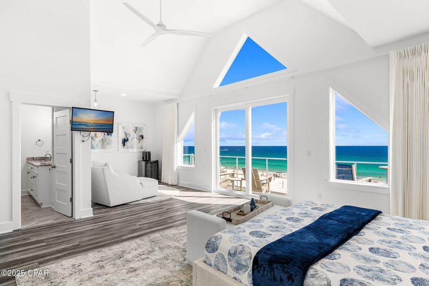 ''Above All'' the ultimate beach house, finished in May 2025! Backed by a $400,000 first-year rental income guarantee, this Gulf-front luxury retreat offers peace of mind from day one. If it doesn't hit that target with the current management, the seller will cut you a check for $50,000. Whether you're investing or just want a place to escape, Above All is the kind of beach home that checks every box.
 Whether you're investing or just want a place to escape,    ''Above All'' is the kind of beach home that checks every box.

Freshly styled with over $150,000 of brand-new designer furnishings, high-end accessories, 12 smart TVs, a 412 Game Arcade Console and custom window treatments, this home feels like a luxury resort—only it's all yours. With 7 spacious bedrooms, 8 full baths + a half bath, and a smart layout, everyone gets their own space and privacy, making it perfect for big families or group getaways. The main living area has an 30x30 open floor plan that offers a view of the beach from wherever you stand, welcoming with a chef-style kitchen at the center. You'll love the massive 10'x5' Kitchen Island with granite slabs imported from Brazil, dual fridges, wraparound seating, and 75'' a wall-mounted TVall facing the water through hurricane-rated windows and a 10' sliding glass door. Step outside and enjoy the kind of outdoor living most people only dream of. A huge 30x25' beachfront deck, not a splash pool, but a heated 12x23' Gulf-front pool with an 8x6' sun shelf. Designed with safety and beauty in mind, the pool is completed with a sleek powder coated aluminum fence that won't block the view, and strong reinforced balcony railings for extra safety. Every living space was design for the utmost in relaxation, entertaining, and simply soaking up the sunsets. This isn't just a pretty faceit's built for the long haul. The first beachfront home on Panama City Beach built on 12x12 concrete pilings (not wood), driven 20 feet deep for unmatched stability and strength. Most fasteners and fittings are made of Stainless Steel, right down to the beach walkway, this house is built to last.  The house is wrapped in Hardie Board siding, secured with stainless screws, and topped with a rust-proof aluminum roof that is sure to last 30 years or more.  
Large hurricane-impact windows and triple-pane Therma-Tru doors bring in the views while keeping you protected. A full commercial-grade fire suppression system, with 24 hour monitoring, adds another layer of safety across all floors and outdoor spaces. And then there's the architectural showstopper: the largest-ever 6x6 Energy Star octagonal window, bringing in beautiful natural light and giving the home a signature, high-end feel you won't find anywhere else. Upstairs, the third floor offers extra guest suites and a bonus living areagreat for movies, game nights, a pool table, air hockey, to give you a little space to unwind after a beach day. And wait until you see the Master Suite, a 16 ft ceiling with Chapel Windows that will carry you away on the clouds.  And to sit and watch the sunset, how about your own personal lounge area with coffee / wine bar! Yours to unplug and unwind in, in this private oasis. Got toys? You're covered with room to park up to 9 vehicles, including jet skis. And best of all? No HOA, no restrictionsjust your own private slice of paradise with the freedom to enjoy it how you want. You're also steps away from all the excitement, including the soon-to-open Tootsies (this will be the closest beach house), Top Golf, and Dolly's Pirates Voyage, with Pier Park just down the road for shopping, dining, and fun. Whether you're looking for a high-performing short-term rental, a family beach compound, or a long-term investment built for the future, ''Above All'' lives up to its name. Buyer to verify all dimensions.