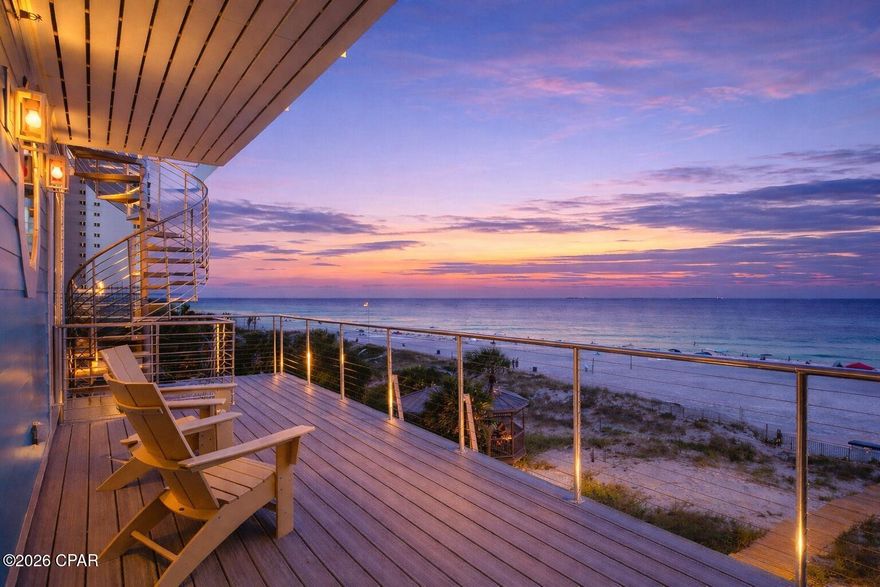 7 bedroom, 8.5 bath Gulf-front beach house in Panama City Beach with a heated private pool, parking for up to 9 vehicles, and no HOA restrictions. Built in 2025 and offered fully furnished, the home combines direct beachfront living, large gathering spaces, and high-end finishes for buyers seeking a luxury second home, private retreat, or income-producing property. The property has more than $200,000 already booked for 2026 and is projected to generate up to $400,000 annually.

The main living area features an approximately 30 x 30 open layout designed for large groups, with Gulf views from nearly every angle. The chef's kitchen is centered around a 10 x 5 island with granite slabs imported from Brazil, dual refrigerators, wraparound seating, and a 75-inch wall-mounted TV. The home also includes 12 smart TVs, a 412-game arcade console, and a third-floor entertainment lounge with space for movie nights, games, a pool table, or air hockey. The primary suite includes 16-foot ceilings, chapel windows overlooking the Gulf, and a private lounge area with a coffee and wine bar.

Freshly styled with more than $150,000 in designer furnishings, accessories, and custom window treatments, the home delivers a turnkey Gulf-front experience. Hurricane-impact windows, a 10-foot sliding glass door, and triple-pane Therma-Tru doors are designed to capture the views while adding protection from coastal weather. A commercial-grade fire suppression system with 24-hour monitoring adds another layer of safety throughout the home and outdoor spaces.

Outdoor living is a major feature, with an approximately 30 x 25 beachfront deck overlooking a heated 12 x 23 Gulf-front pool with an 8 x 6 sun shelf and two heaters. A powder-coated aluminum safety fence helps secure the pool area without blocking the Gulf view, and reinforced balcony railings provide added peace of mind. The lot extends all the way to the wet sand, creating a rare stretch of usable beachfront directly behind the home. There is also room for jet skis and other beach gear.

Seller states this is the first beachfront home on Panama City Beach built on 12 x 12 concrete pilings driven 20 feet deep rather than traditional wood pilings. The exterior also features Hardie Board siding secured with stainless screws and a rust-resistant aluminum roof designed to last 30 years or more. Located minutes from Pier Park and near the soon-to-open Tootsies, Top Golf, and Dolly Parton's Pirates Voyage. Buyer to verify all dimensions, bookings, income projections, and future development timelines.