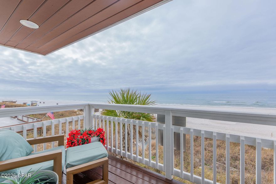 Gulf Front | Rare Deeded Land to the Water's Edge | No HOA!

Welcome to The Palapa House, a Gulf-front residence positioned directly on the sugar-white sands of the Gulf of America, with deeded ownership extending to the water's edge. Fewer than 7% of Gulf-front parcels in Panama City Beach offer this level of private beachfront ownership, making opportunities like this exceptionally rare.

Originally designed by the architects of Regency Towers, the home is positioned farther onto the beach than neighboring properties, ensuring unobstructed panoramic Gulf views to the east and west.

Step from your back door onto your private stretch of beach or relax beneath the city-approved private Palapa, made possible by the extended property lines reaching the water's edge. The palapa's thatched roof was replaced in Fall 2025.

The upstairs Gulf-front balcony is accessed from the main family room and offers sweeping sunrise & sunset views. On the lower level, a beachside deck is accessible from the second bedroom and opens directly to the sand. A private boardwalk extends from the front porch to the beach, and an exterior shower on the rear boardwalk provides convenient sand removal after leaving the beach.

Major improvements include a new GAF roof system with new roof decking and fascia board, backed by a 15-year wind and material warranty installed in July 2025. A new Siemens 200-amp circuit breaker panel with corrosion-resistant copper wiring was installed in 2025. The exterior was upgraded with Tyvek vapor barrier, Hardie plank siding and trim, and fully painted with Sherwin-Williams exterior paint.

All decks were stained with Super Deck marine stain and all windows were freshly caulked. The home passed a professional 4-point and wind inspection in 2025, resulting in a 17% reduction in homeowners insurance premium.

The interior and exterior have been freshly painted and luxury vinyl plank flooring runs throughout the home. Additional upgrades include new ceiling fans, updated bathroom light fixtures, new smart TVs with upgraded WiFi, new locks and security features, new kitchen accessories, and solar film installed on all windows to improve energy efficiency during extreme weather conditions.

The living room features a 3-D glass electric fireplace with optional heat and color-changing flame. New lighting and updated family room, dining room, and bedroom furniture and accessories enhance the home's coastal design.

The kitchen and baths were previously remodeled, and the home is offered beautifully furnished. Appliances include electric range, microwave, dishwasher, refrigerator, washer and dryer.

This three-bedroom home comfortably sleeps 11, including Twin XL bunks, a newer queen mattress in the downstairs bunk room, and a queen sleeper sofa. The primary bedroom is located on the second floor for privacy and separation.

Exterior features include mature palm trees, automatic irrigation, an 8x40 privacy fence, covered porch areas, private driveway parking, and two beach decks with custom cable rails. High-end Sunbrella outdoor furniture was added in April 2021.

The property consistently rents more than 200 days per year with documented rental income available upon request. Daily and weekly rental structure is already in place. Flood insurance remains favorable due to grandfathered mapping status.

Located near St. Andrew State Park, Shell Island, marinas, waterfront dining, and public boat access, this is Gulf-front ownership at its rarest. Private, deeded, income-producing, and architecturally positioned for unobstructed views.

This is not simply a beach house.
It is a generational Gulf-front asset.
