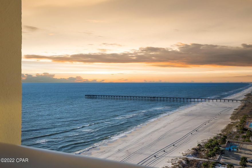 16th FLOOR END UNIT WITH SUNSET VIEWS! Come experience the beautiful beaches and Emerald Green water of Panama City Beach! Sold Fully furnished and Rental Ready!. Beach and Nautical style that vacationers love! Over sized, Lagoon-style pool and steamy hot tub, plenty of parking with walkover. Centrally located near the area's best restaurants like Firefly, Saltwater Grill and Pineapple Willie's and family friendly activities like Wonderworks and Ripley's Believe It Or Not. Less than 1/2 mile to the County Pier for year-round fishing and 4.4 miles to Pier Park. This complex is VA loan approved!. Room dimensions are approximate and should be verified by Buyer or buyers agent