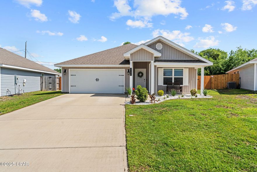 CURRENTLY UNDER CONTRACT, SELLER WILL CONSIDER BACKUP OFFERS Welcome to this beautifully maintained 4-bedroom, 2-bathroom home ''Cali Floorplan'' in the Brighton Oaks subdivision. 
With over 1700 sq ft of living space, this home features an open kitchen with stainless steel appliances that flows seamlessly into the dining and living areas—ideal for both everyday living and entertaining.
The master bedroom is privately located at the rear of the home, offering a peaceful retreat with en suite including dual vanity, soaker tub, walk in closet and separate shower.
 Durable vinyl flooring runs throughout the main living areas, combining style and low-maintenance living.
Enjoy relaxing on the covered front patio or unwind in the screened-in back porch with views of the backyard. This home offers gutters with an underground french drain system pulling water from the gutters to behind the fence. This property is located in flood zone X and does NOT require flood insurance.
Just minutes from North Bay Haven Charter Academy (K-12), 25 minutes to both Tyndall Air Force Base, the beaches, and close to Publix and daily conveniences—this home checks all the boxes for location and lifestyle.

Schedule your private showing today!