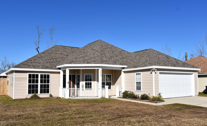 CURRENTLY UNDER CONTRACT, SELLER ACCEPTING BACKUP OFFERS.  The cute front porch of this home is the just the beginning of its character! Tray ceilings, wainscoting, electric fireplace, decorative trim, pedestal sink and quality fixtures are just a few of the added features. In addition to the 3 bedrooms, there is a bonus den with new carpet and lots of bright windows. The home's open layout has an expansive living room, an eat-in area and breakfast bar and a kitchen with significant cabinet storage. The formal dining room is a perk and can be used as an office, playroom or just an area for that extra space you may need. The over-sized master bedroom offers plenty of room for your large furniture, a walk-in closet and the unique window seat is a great space to sit and read or for your fur babies to bask in the sun. The en suite treats the bath lover with a jetted tub and separate shower. Need more storage? The garage has two storage closets and the attic gives space for those holiday items. Located off the beaten path, on a quiet cul-de-sac and away from traffic, you can peacefully enjoy the front yard or the privately fenced back yard! The central location makes your drive time to Tyndall AFB, central Panama City and Hwy 231 quick and convenient and you're only 30 min from the beach. The dishwasher and water heater have recently been replaced. Home has fresh paint and is move in ready!  If looking for an investment opportunity, this home has had excellent rental history. Seller is offering a one-year home warranty for buyers' peace of mind. All measurements approximate, buyer to verify if important.