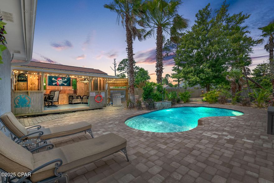 Shipwrecked offers a rare opportunity to own a proven income-producing property, grossing $70,854 in 2023 (partial year), $105,199 in 2024, and $$101,000+ already on the books for 2025. Perfectly designed for flexibility, the property features a stunning custom backyard, fire pit, tiki BBQ hut, and 2 car garage (currently used as a converted game room). The fully stocked kitchen, luxury mattresses, and close proximity to sports parks, St. Andrews State Park, and other local attractions create the perfect blend of comfort, fun, and convenience. Home is sold furnished, with the exception of linens belonging to the property management company. Whether expanding your investment portfolio or finding a perfect family retreat, Shipwrecked is ready to deliver.