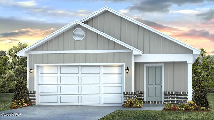 Upon entering the Burke floorplan you immediately notice the bright entry way afforded by the prairie door.  This 3 bedroom 2 bath, 1384 square foot home is an open floorplan.  The primary bedroom and bathroom are located off the entry at the front of the home.  The primary bathroom has double sink vanity, large shower, and a huge closet.  Proceed down the entry hallway passing the laundry area as you enter into the kitchen, dining, and family area.  The kitchen offers an island with space for bar seating.  On the opposite side of the home from the primary bedroom upfront, there are two spacious secondary bedrooms separated by another bathroom making this home a true split floorplan.
 Liberty neighborhood is conveniently located in beautiful Panama City off Star Avenue near 231. Located just 25 minutes from Tyndall Airforce Base, 20 minutes to hospitals, and less than 15 minutes to shopping, restaurants, and grocery stores you will be amazed at the convenience once you enter the winding entrance to this beautiful sanctuary. Liberty, D.R. Horton's premier new lifestyle community, offers a 7,500 square foot community center with full gym, wellness rooms and much more. Additionally, behind the community center is a water wonderland with resort style pool, splash pads, and an outdoor grilling kitchen with seating.